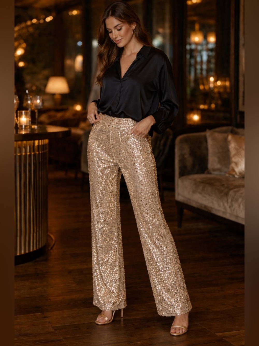 BLOGGERS FAVORITE NWT Zara Mesh Shimmering Gold Wide Leg Pants - Picture 1 of 7